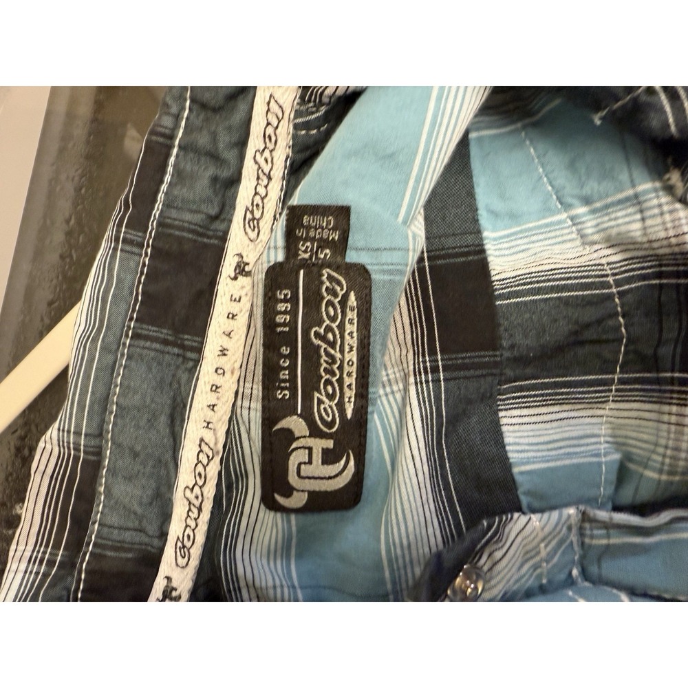 Cowboy Hardware Boys Western Snap Shirt Size XS 5 Blue Black Plaid Cowboy - Picture 8 of 9